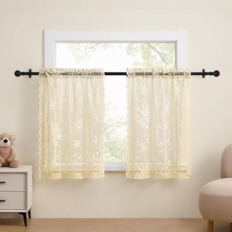 SEEKRIGHT Beige Kitchen Curtains 30 Inch Length Rod Pocket Light Filtering Sheer Lace Cafe Curtains 2 Panels Set Modern Floral Lace Curtain for Small Window RV Basement Laundry Camper, 26x30 - Image 2
